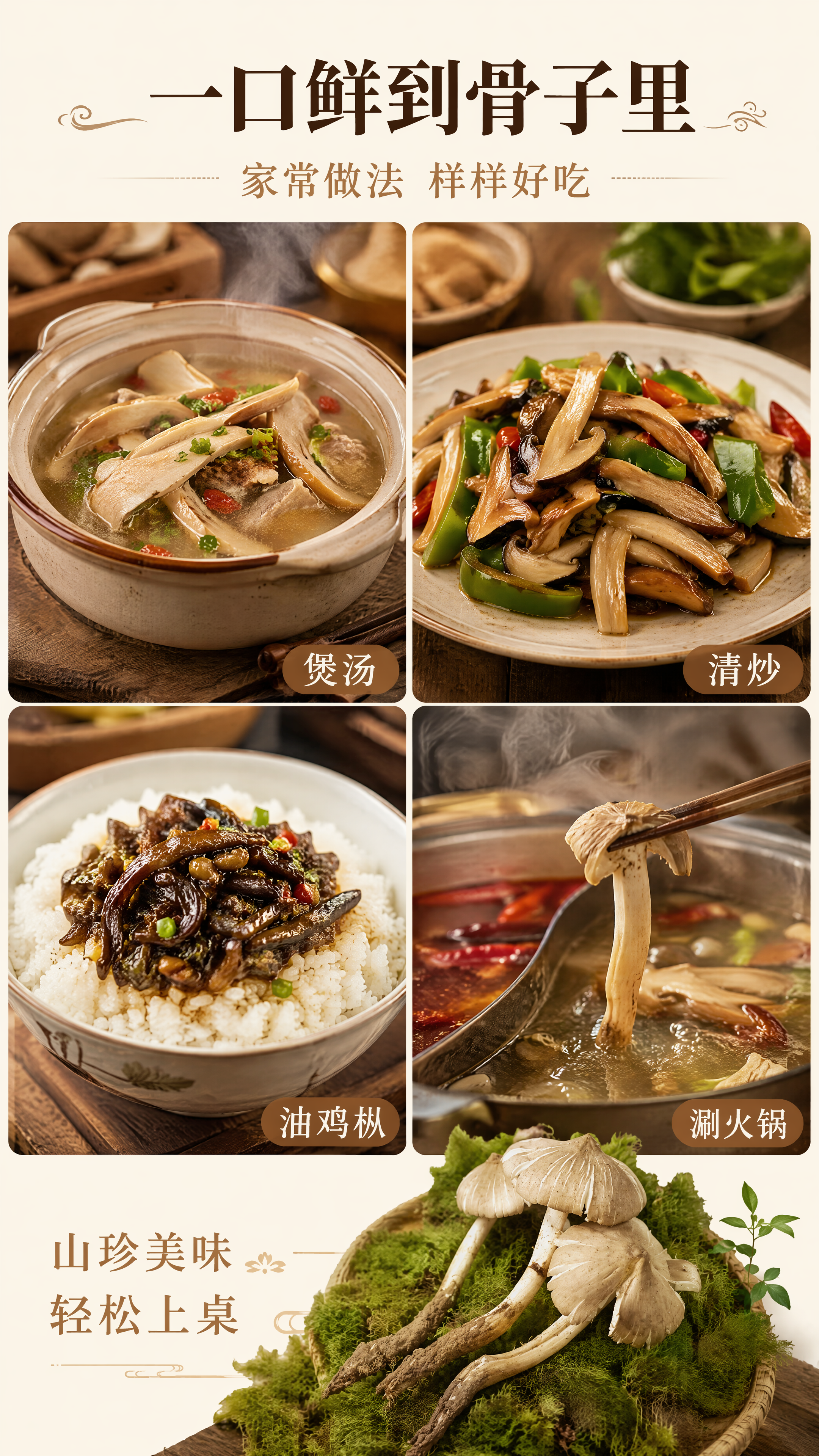 [第5张] 详情页食用场景页-鸡枞菌多种家常吃法。本张使用【图… - 图片创意预览