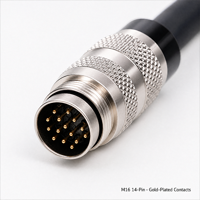 [Main Image 4] Close-up connector detail. Keep original product appearance, focus on the close-up of one M16 connector end. Show the knurled metal locking ring, 14 gold-plated contact pins arranged inside the connector, highlight the precision manufacturing. Add English text note "M16 14-Pin - Gold-Plated Contacts" at corner. Clean light background. 1:1 square.