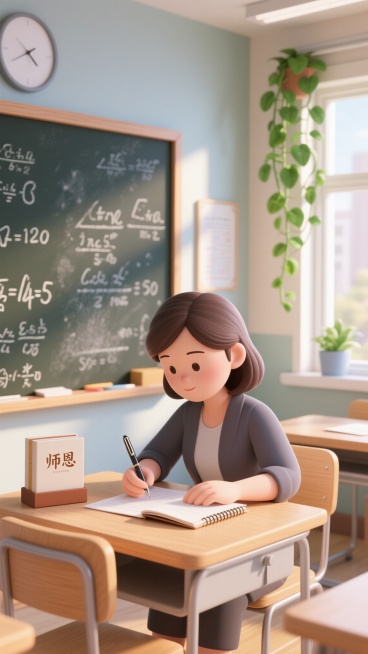 明亮的教室场景，黑板上写满了数学公式，窗边垂着翠绿的绿萝，一位女老师正伏案批改作业，桌角静静放着一个印着“师恩”的笔记本和钢笔礼盒，那是学生悄悄放下的。午后的暖光斜斜地照进教室，空气中漂浮着细小的粉笔预览效果