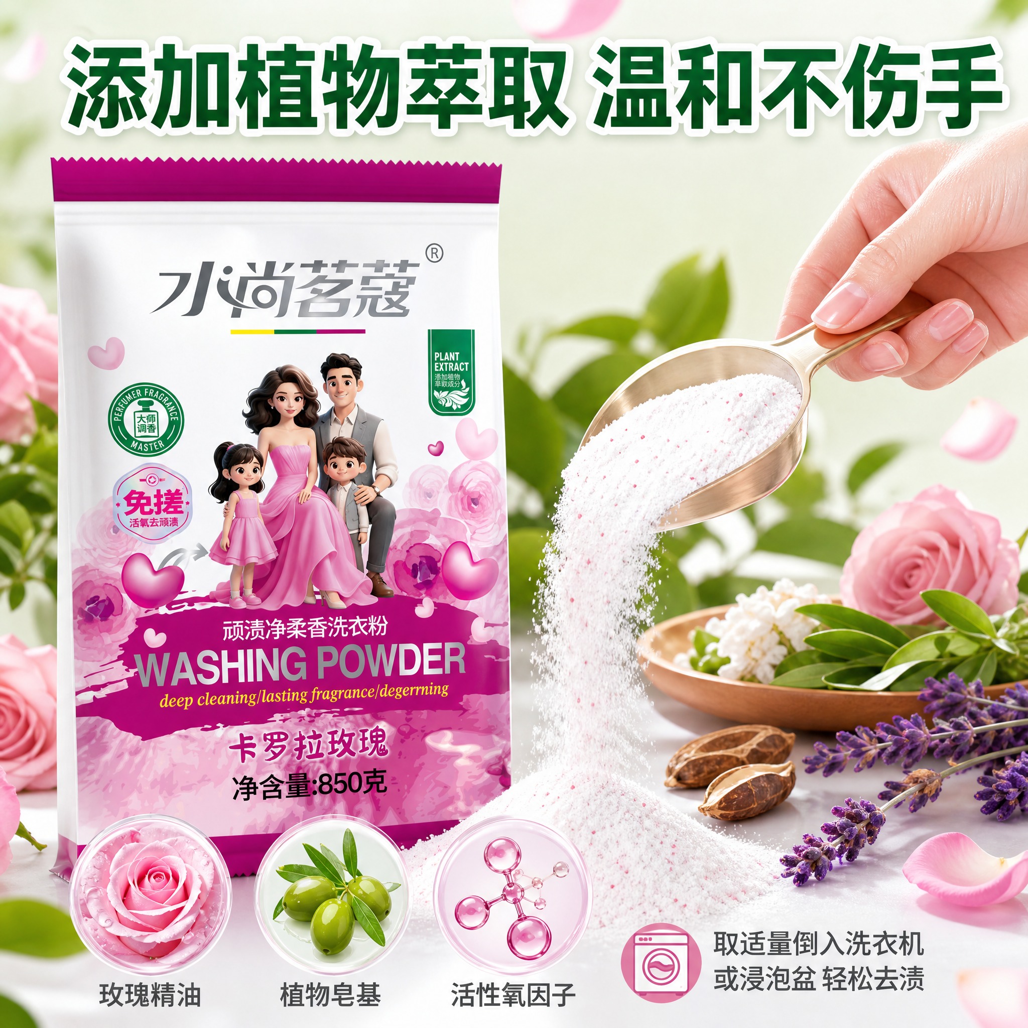 [主图-6] 水尚茗蔻顽渍净柔香洗衣粉（卡罗拉玫瑰 850克）… - 图片创意预览