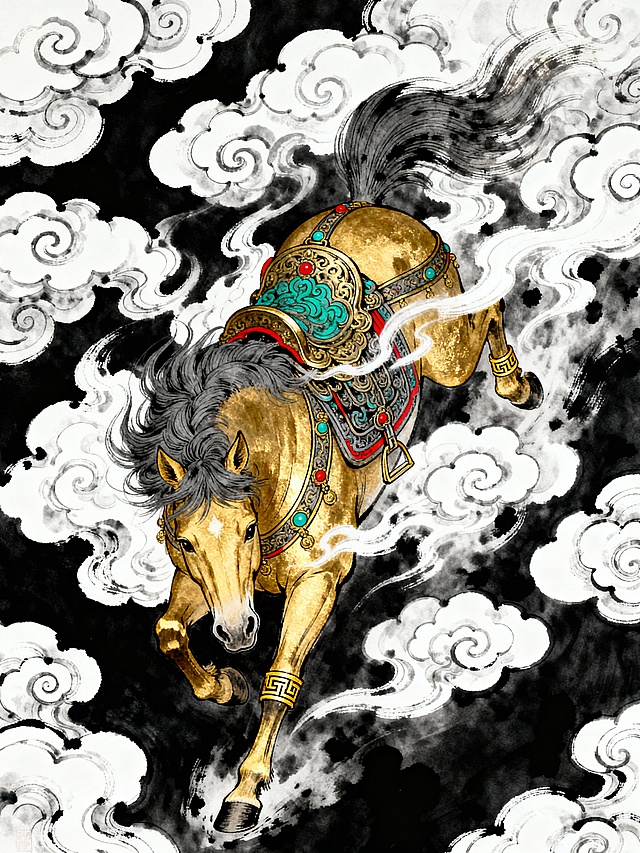 主体内容: 一只金色的马骏神兽，头部鬃毛呈深灰色飘逸，身披带有青绿、朱红装饰的金属鞍具，四肢配金色纹饰环, 

动作行为: 马骏呈奔腾姿态，马尾摆动，看镜头，周身环绕飘逸的白色云气，整体动感强烈,

场景设定: 背景为浓黑色底衬，布满层叠的白色传统卷云纹，云纹带有水墨晕染质感, 

风格参考: 中式传统工笔神兽风格，融合浮世绘的线条装饰感，兼具华丽的装饰美学与威严的神兽气质, 

色调色彩: 以黑、白、金为主色调，马骏为鎏金质感，鬃毛与背景云纹为黑白对比，鞍具点缀青绿、朱红亮色, 

构图视角: 纵向竖幅构图，俯视视角，马骏占据画面核心区域，马头在画面下方，云纹从四周环绕主体，视觉重心集中, 

细节补充: 云纹为卷曲流畅的传统纹样，鞍具装饰有复杂的纹样细节，鬃毛线条飘逸有动感，整体画面线条精细、色彩层次丰富