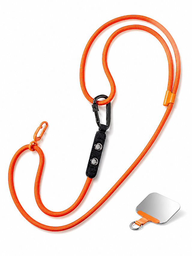 [主图-1] Adjustable Crossbody Phone Lanyard — Multi-Hook Neck Strap with Safety Carabiner & 0.4 mm Stainless Steel Patch 首图。唯一任务：在纯白无缝背景上完整清晰展示产品本体与随附不锈钢夹片，让人一眼看清是什么产品；产品外观、结构、材质、颜色与比例必须与输入图完全一致。
[统一基调] 明亮通透的户外生活方式电商信息图；浅蓝到白柔和渐变与干净浅灰白底为主；主标题深藏蓝，辅助文案中灰，强调色活力橙；全套只用一种几何无衬线粗体字，标题最粗最大、辅助文案缩小五成以上且只变字号层级不换字体；组件统一为 12px 圆角白卡配 1px 浅蓝描边与 2px 线性图标；光影统一左上主光、产品右下自然接触阴影。
[画面] 纯白无缝背景，产品占画面 85% 以上且轮廓完整不裁切；橙色编织挂绳以舒展的 S 形自然平铺在画面中央，两条绳体走向清楚，可见橙白相间的编织纹理与绳尾包边；绳体上的银色金属保险挂钩与橙色定位调节扣完整呈现，金属扣开口朝向画面外侧；画面右下单独摆放 0.4 mm 不锈钢夹片并以 20° 侧角展示，露出橙色柔性贴片与金属环的连接结构；画面中不出现手机、人物或任何道具；俯视 30°–45° 视角。
[光影质感] 均匀柔和的影棚主光，产品右下方保留浅淡自然的接触阴影；不锈钢夹片呈细腻金属反光与圆润高光，编织绳体呈真实织物纹理；禁止悬浮感与生硬剪影。
[配色] 纯白底，只保留挂绳本体的爱玛橙与银色五金，不添加背景色块。
[文字版式] 首图不加任何文字、图标、角标、水印或平台 Logo。
[输出要求] 比例 3:4（1536×2048），产品清晰锐利、材质真实；负向：产品变形、颜色偏移、绳体扭结失真、主体模糊、悬浮、多余道具、文字、水印、平台 Logo、拼贴缩略图。