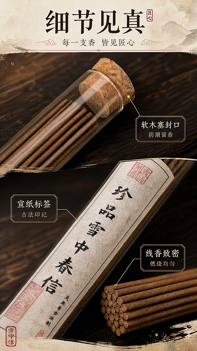 [商品] 使用【图1】雪中春信线香成品；保留玻璃试管、软木塞、标签全部文字与印章，保留线香棕褐色外观；商品处理：放大局部细节，清晰展示线香断面纹理、标签宣纸质感与印章细节，增强玻璃反光与通透感。
[画面] 页面目标：产品细节特写，展示做工精细与品质感。构图：画面分上下两部分，上半部分特写线香顶端与软木塞（占40%），下半部分特写标签印章与线香纹理细节（占50%）；背景为深色木质纹理，突出产品质感；用细线引线标注关键细节。
[视觉] 套系策略：风格=东方新中式国风商业摄影，雅致禅意；标题字=宋体书法结合体，端庄雅致；正文字=纤细宋体，清雅易读；主色=米白宣纸色+暖棕木色；背景延展=基于米白宣纸做深浅晕染、水墨肌理、洒金质感层次；强调色=朱砂红，仅用于小面积印章、点缀线条和标签高亮；标题色=深炭褐；正文色=暖棕灰；组件=细线描边信息卡、朱砂印章元素、云纹分隔线；光影=左上侧柔和自然光，暖调漫射，营造静谧禅意。
[文字] 顶部主标题「细节见真」，副标题「每一支香 皆见匠心」；引线标注3处细节：「软木塞封口·防潮留香」「宣纸标签·古法印记」「线香致密·燃烧均匀」；所有文字横排，字号清晰可读。
[规格] 图片比例9:16竖版，4K分辨率，负向提示：避免变形、错字、文字过小、冷蓝灰背景、标签文字错乱、线香颜色失真、绝对化用语。