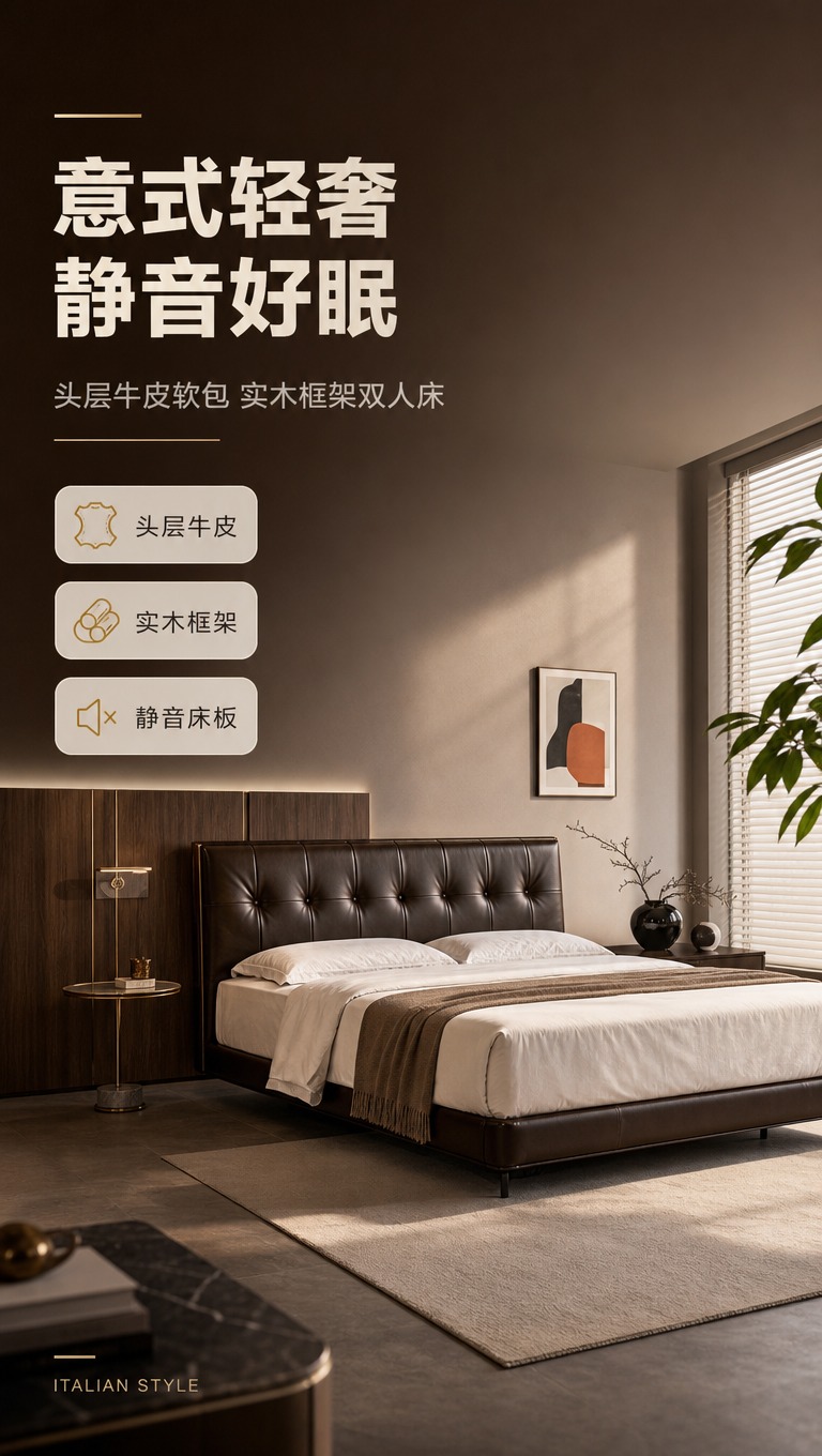 [商品] 使用【图1】意式轻奢头层牛皮软包实木床；保留床头软包… - 图片创意预览