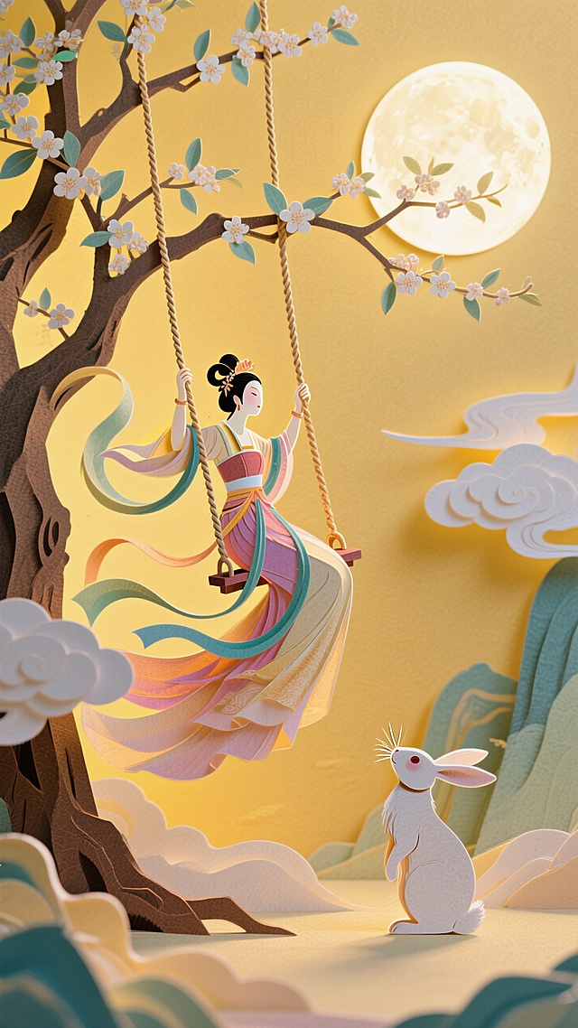 大全景，嫦娥荡秋千（悬在桂树间，裙裾随摆动飞扬，双手轻握绳结，身体前倾带起弧线，动态轻盈），清透仙境：单棵桂树枝桠舒展，几缕白云，暖黄背景，秋千绳缠着细小花枝，下方玉兔仰头观望，远处一轮圆月，画面简净却显灵动。