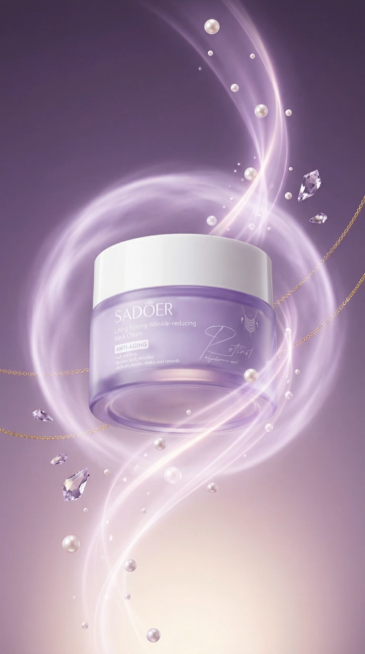 5秒商业护肤品TVC，从首图到尾图丝滑转场。开头紫色磨砂颈霜悬浮，淡紫色光带缓慢螺旋向内收缩，珍珠与紫水晶环绕做圆周运动。中段罐身缓缓上抬并轻微旋转，罐盖以极慢速度开启，淡紫色膏体如云朵般自然隆起溢出预览效果