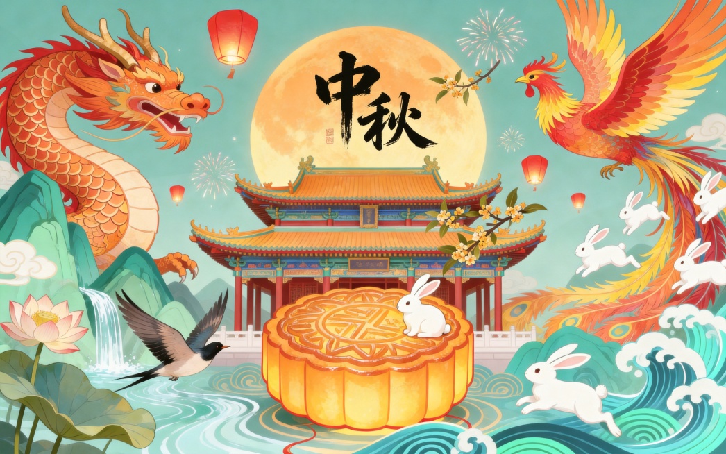 国潮风中秋节主题插画，整体氛围喜庆热闹，充满传统东方美学，对称式横向构图。以中间的圆月和亭子为视觉中心，左右分别用龙、凤形成 “龙凤呈祥” 的呼应，营造出平衡又饱满的视觉张力。中心主体：圆月与亭子背景预览效果