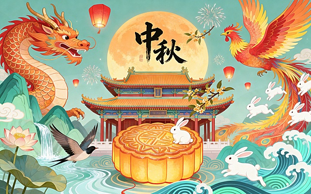 国潮风中秋节主题插画，整体氛围喜庆热闹，充满传统东方美学，对称式横向构图。以中间的圆月和亭子为视觉中心，左右分别用龙、凤形成 “龙凤呈祥” 的呼应，营造出平衡又饱满的视觉张力。中心主体：圆月与亭子背景是一轮巨大的橙黄色圆月，占据画面中上部，月面上用书法字体写着 “中秋” 二字，点明主题。圆月前是一座中式古亭，飞檐翘角、色彩鲜亮，屋檐旁点缀着桂花枝，呼应中秋 “桂月” 的传统意象。空中漂浮着多盏红色孔明灯，搭配绽放的烟花，烘托出节日的热闹氛围。左侧元素：祥龙、花鸟与山水一条橙红色的中国龙盘踞在画面左侧，龙身布满鳞纹，姿态灵动，搭配下方的荷花、荷叶，寓意 “吉祥纳福”。背景是青绿色的山峦与流水，前景有几只飞鸟在天空翱翔，还有巨大的橙黄色花灯，形似月饼灯笼，花灯中藏着玉兔，呼应中秋 “玉兔捣药” 的传说。右侧元素：凤凰、玉兔与波浪一只色彩绚烂的凤凰占据画面右侧，羽毛以红、橙、黄为主，尾羽舒展飘逸，与左侧的龙形成 “龙凤呈祥” 的经典搭配，象征美满与祥瑞。多只白色玉兔或跳跃、或腾飞，分布在花灯与天空中，是中秋的标志性符号，代表团圆与美好。下方是蓝绿色的波浪纹样，与左侧的山水形成 “山水相依” 的意境，也让画面更具流动感。色彩：整体配色降低饱和度，不要过于浓郁，整体以暖色调为主，橙、黄、红，搭配清新的青绿色，冷暖对比鲜明，既体现了中秋的喜庆热烈，又保留了国潮插画的清新雅致。风格：典型的国潮新国风插画，线条流畅且带有装饰性，元素融合了传统纹样云纹、水纹与现代扁平化设计，细节丰富，既有传统节日的文化底蕴，又符合当代审美，传递出团圆美满、吉祥安康、龙凤呈祥的美好祝福