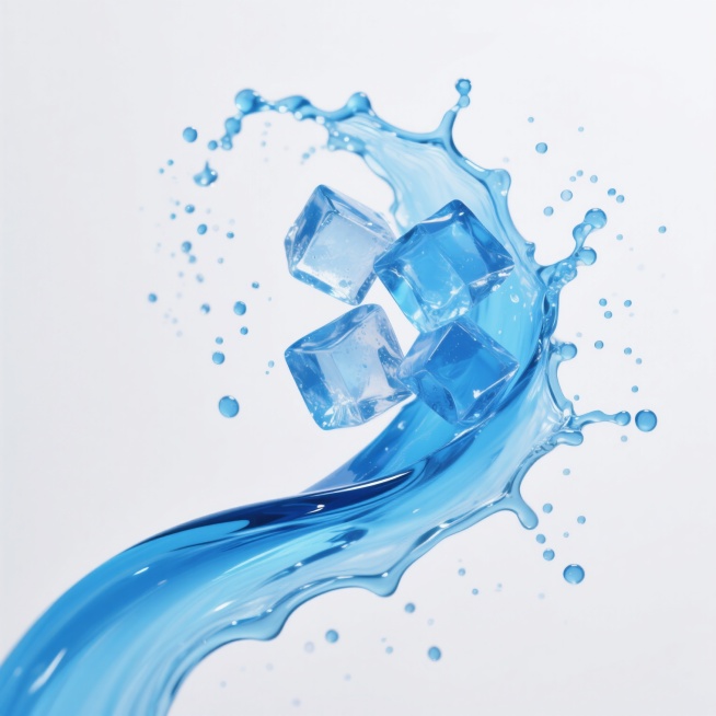 白色背景上，蓝色液体以流畅动感的弧形从左下角向右上方飞溅，形成充满活力的动态曲线，细小的蓝色液滴与较大的水花在空中四散，晶莹剔透的冰块被蓝色液体包裹、冲击并随飞溅轨迹散落，冰块棱角分明，表面有自然的反光，液体边缘呈现出清晰的高光与半透明渐变效果，整体画面光影对比强烈，色彩纯净明快，展现出液体飞溅瞬间的爆发力与冰爽质感。预览效果