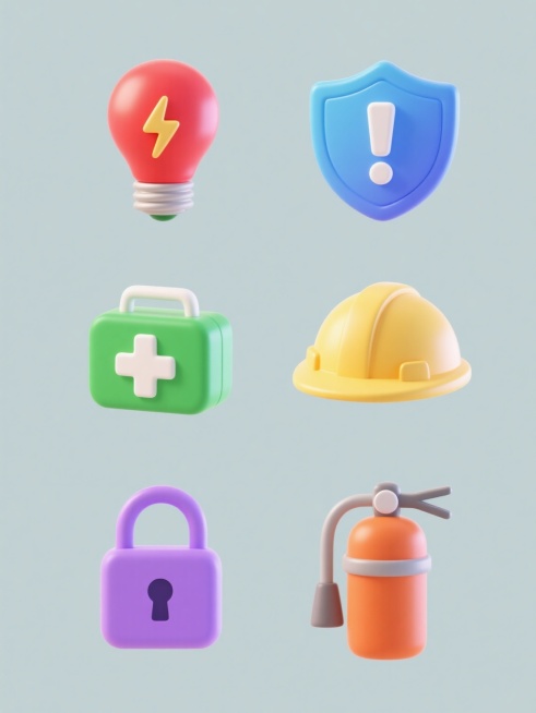 一组6个安全题材图标素材集合，保持圆润可爱的3D卡通风格，每个图标均有柔和渐变色彩、光滑细腻质感和微妙高光阴影效果，规整排布在纯色背景上。图标造型分别为：红色闪电灯泡（电气安全）、蓝色盾牌感叹号（警示安全）、绿色十字急救箱（医疗安全）、黄色安全帽（施工安全）、紫色锁形图案（信息安全）、橙色灭火器（消防安全），整体设计简洁明了，色彩鲜明，适合安全宣传使用。预览效果