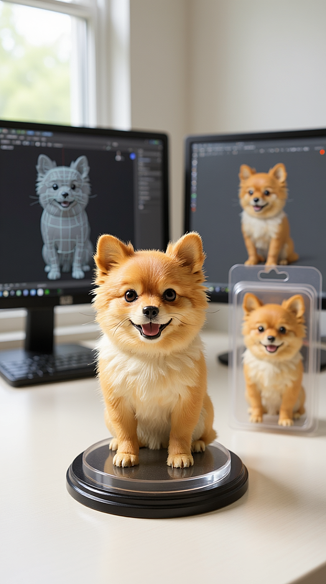 变成手办，背景有窗户，两个电脑屏幕