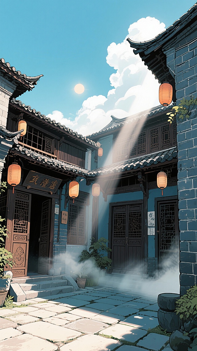 二次元写实民国，客栈，云，雾气，太阳，深青色，浅蓝色，氛围感大气一点，细节丰富，元素多样，构图大气，9:16,不要人物，生成2张
