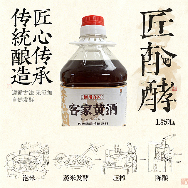 严格还原上传的2.5L桶装客家黄酒产品图所有细节，包括包装设计、颜色、LOGO位置、文字内容、图案元素，产品尺寸比例保持1:1，精准还原规格：2.5L桶(瓶高约26cm，最大直径约12cm)，瓶型、标签、酒液细节100%还原。生成1:1竖版主图，中式复古匠心风格，上半部分展示2.5L大容量桶居中摆放，下半部分用中式线稿可视化呈现酿造流程：泡米、蒸米、发酵、压榨、陈酿，排版层次清晰。主标题："传统酿造 匠心传承"，副标题："遵循古法 无添加 自然发酵"，文字统一书法体+宋体搭配，画面高级柔和，卖点可视化，整体风格统一。避免：模糊，工艺图杂乱，产品变形，尺寸错误，颜色偏差，现代工业风，文字遮挡产品，低分辨率，割裂感