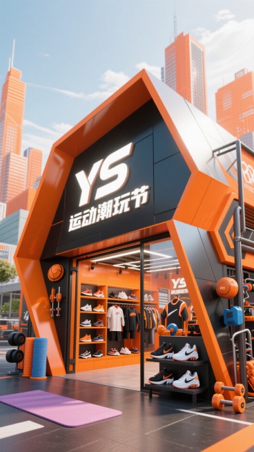 一座活力感的棱角型建筑，门头写着 “YS 运动潮玩节”，通体采用橙黑塑胶与金属材质，搭配运动器材装饰。店内陈列着球鞋、运动服、瑜伽垫、哑铃与运动配件；背景是动感的运动都市天际线，橙白晴空。预览效果