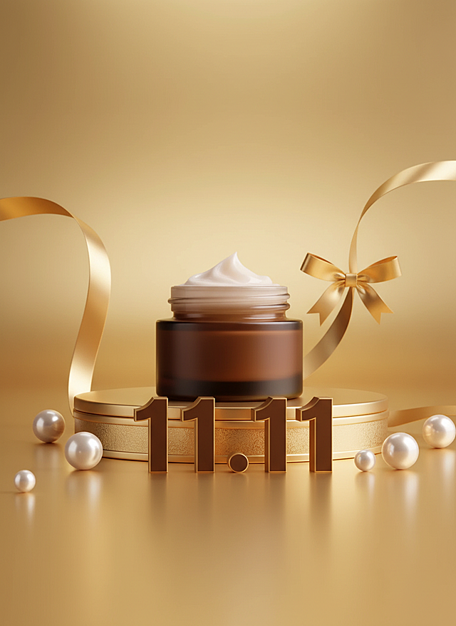 画面以金色渐变为主色调，背景点缀金色丝带和深金色立体数字 “11.11”，营造高级促销氛围，图中主体被摆放在金色展台上，展台周边有几颗珍珠