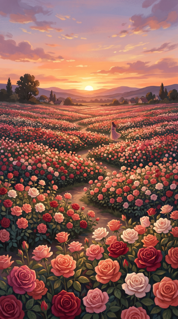 黄昏下的玫瑰花海，插画风格预览效果