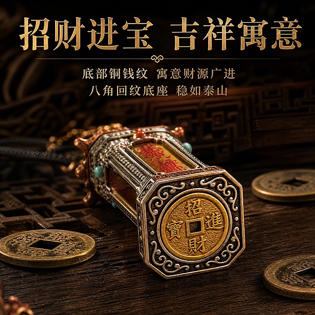 淘宝天猫电商主图，1:1正方形，深色中式场景背景，暗调古风，深色木质纹理与回纹纹样装饰，暖光侧打。画面主体为五路财神符吊坠底部特写，清晰展示底部招财进宝铜钱纹细节，八角形底座精雕回纹与卷草纹，金属质感细腻，旁边散落几枚古铜钱作为点缀。画面上方大字标题："招财进宝 吉祥寓意"，下方分两行卖点："底部铜钱纹 寓意财源广进"、"八角回纹底座 稳如泰山"。整体深色中式国潮风格，商业产品精修质感，不出现包装盒和送礼相关元素。