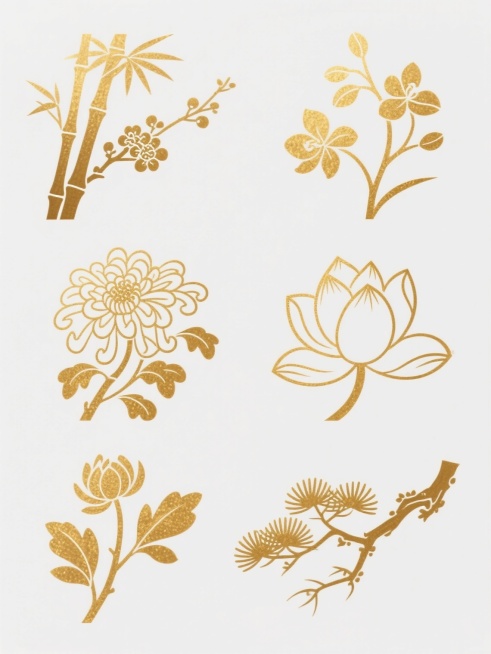 中国传统古风风格系列素材集合，采用纯金色调，磨砂金质感纹理，白色纯色背景，包含六个完全不同的古风元素：竹枝、梅花、兰花、菊花、莲花、松枝，每个元素均以线条勾勒轮廓并填充金色，呈现简约雅致的东方美学，规整排布成2x3网格布局，整体保持统一的古风韵味与视觉风格。预览效果
