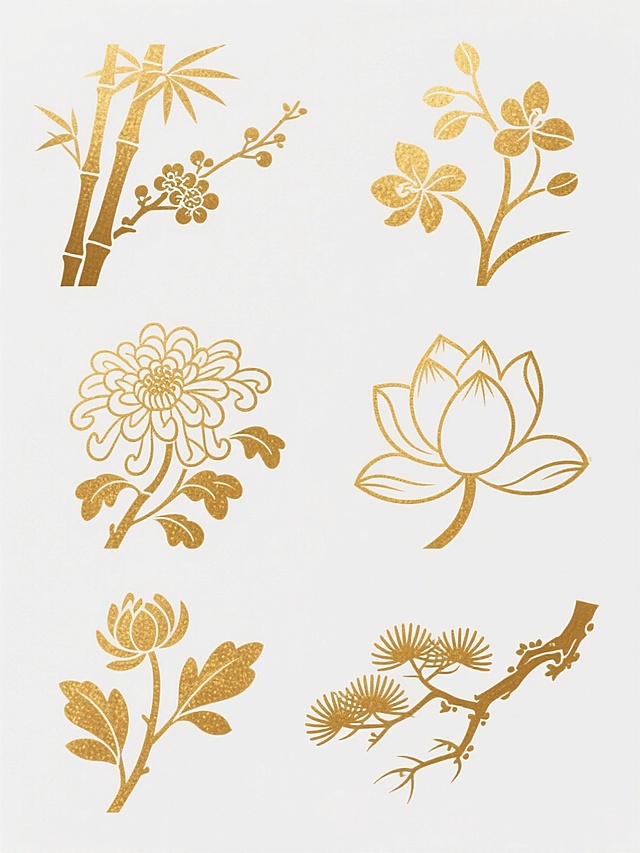 中国传统古风风格系列素材集合，采用纯金色调，磨砂金质感纹理，白色纯色背景，包含六个完全不同的古风元素：竹枝、梅花、兰花、菊花、莲花、松枝，每个元素均以线条勾勒轮廓并填充金色，呈现简约雅致的东方美学，规整排布成2x3网格布局，整体保持统一的古风韵味与视觉风格。