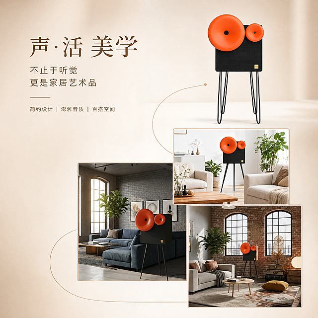 现代轻奢产品海报，背景为米白到浅棕的柔和渐变，画面左侧为文字区：顶部主标题，下方文案，搭配一条浅棕装饰线，画面右侧为图片区：右上角放置橙色音响产品主图，三张音响在不同客厅场景的使用图错落排列在下方，图片之间用浅棕线条连接，形成视觉动线，整体对角构图灵动，色彩温润，既突出产品，又展现不同场景的使用氛围