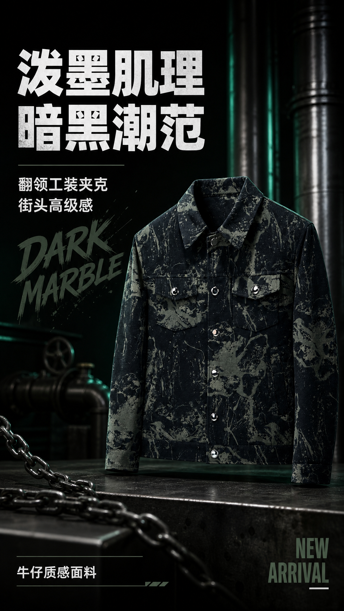 [第1张] 详情页头图-暗绿泼墨大理石纹翻领夹克新品宣传海报。… - 图片创意预览