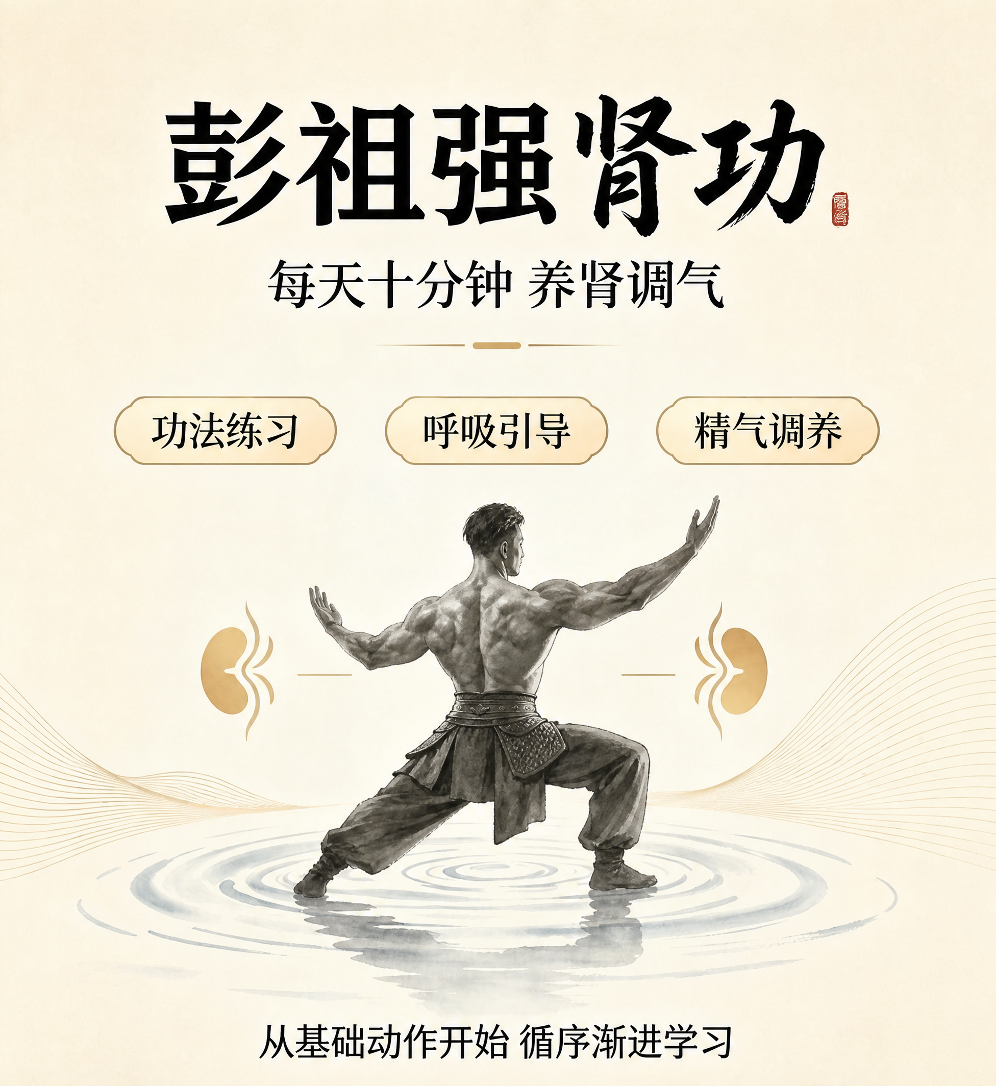 将图中水墨风格的练功人物替换为第二张图中的肌肉男性背部形象，保… - 图片创意预览