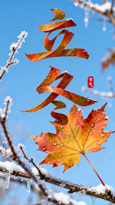 枫叶叶片拉长扭曲变形成”立冬” 二字，叶片上有晶莹的露珠点缀。背景是一片晴朗的蓝天，画面中穿插着带有冰霜和薄雪的树枝，营造出冬日温暖的氛围。“立冬” 文字位于图像的中上部，红色小印章”节气“点缀，整体预览效果
