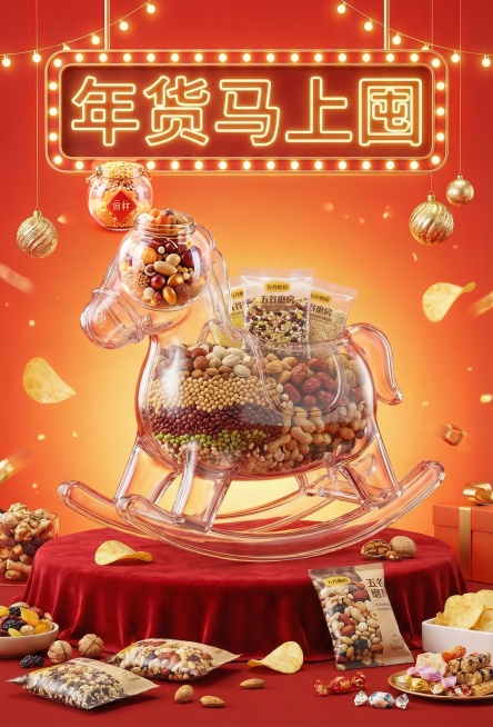 年货节主题海报，主体是一个胖胖的透明的 “摇摇马” 容器，里面被上传的五谷杂粮图片1 跟图片 2填满，背景是红橙渐变的明亮橙红调，搭配灯带、金色装饰球，底部是红色展台，展台旁是散落的各种五谷坚果，营造预览效果