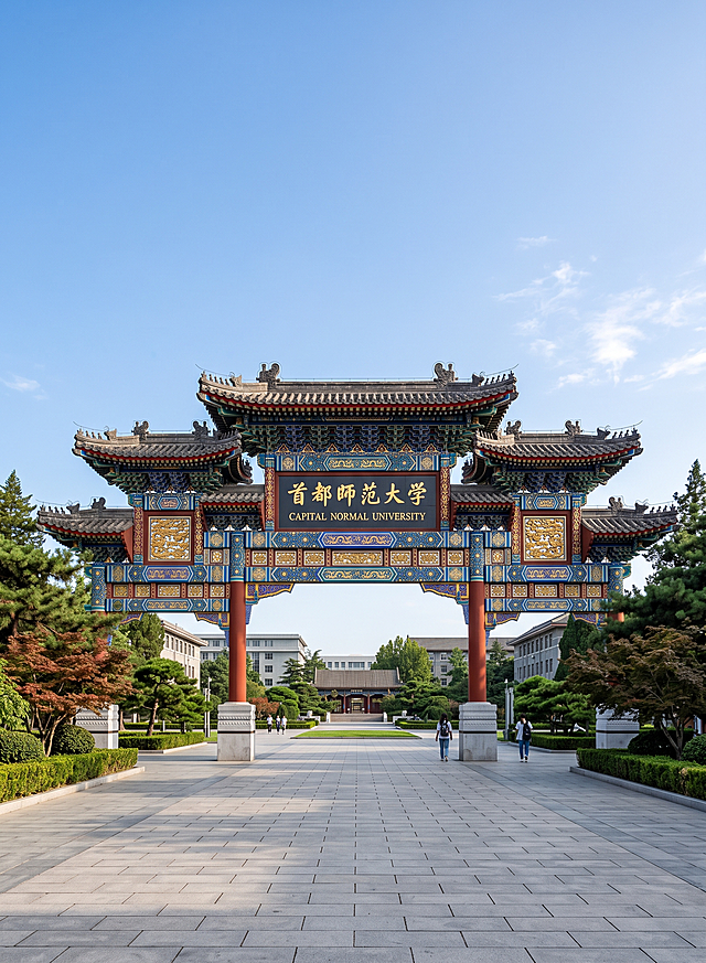 纵向图，尺寸480×650px，首都师范大学校园校门风景，干净清晰的背景