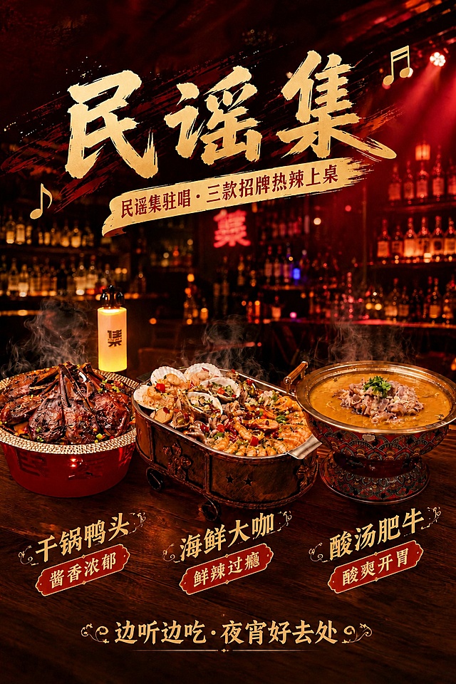 在原图基础上修改两处：1. 三款菜品下方的菜名文字（干锅鸭头、海鲜大咖、酸汤肥牛）及其下方的卖点标签（酱香浓郁、鲜辣过瘾、酸爽开胃）全部改为倾斜排列，从左下向右上微微倾斜，形成动感斜排效果，保持金色字体和红色标签样式不变；2. 副标题横幅中的"酒吧驻唱"改为"民谣集驻唱"，即完整文字变为"民谣集驻唱·三款招牌热辣上桌"，保持横幅的金色飘带样式和倾斜角度不变。其余画面元素（主标题民谣集、酒吧背景、三款菜品、底部居中文字、暖红色调等）全部保留不变。