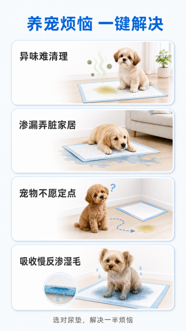 [第2屏] 痛点直击页面，分析养宠使用尿垫常见问题，引出可灵贝尔宠物尿垫价值。参考参考图痛点排版方式，分框展示不同痛点。
[氛围/风格] 简约干净风格，浅蓝白色调，清晰图文对比，商业设计质感。
[元素预览效果