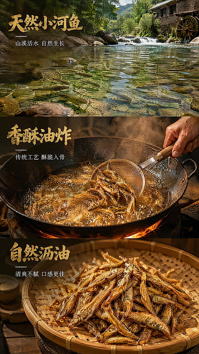 [第2张] 详情页成分/工艺展示-香酥油炸小鱼干原料与传统工艺介绍。本张为原料工艺专页，重点展示原料与工艺场景。
[氛围/风格] 乡野质朴风，真实农家场景感，暖调烟火气，商业摄影质感。
[元素布局] 画面上半部分展示清澈山溪小河溪流实景（占画面约35%），溪水中可见鲜活小鱼游动，体现天然小河鱼产地；中间部分展示传统油炸工艺特写，铁锅中热油翻滚，鱼干被炸至金黄酥脆，老匠人手部用漏勺翻动（占画面约35%）；下半部分展示成品鱼干铺在竹筛上沥油的场景，鱼干形态色泽与输入产品图一致；原料与工艺元素合计占画面约70%，大尺度呈现。
[光影质感] 自然光+灶火光混合照明，暖黄色调，油花有高光反射，烟雾有丁达尔光效，层次丰富有质感。
[配色色系] 全局底色 #6B4423 深棕木色；主色金黄色油炸调；辅助色溪水青绿、油锅橙红。
[视角构图] 三段式竖拼构图，从上到下阅读动线：产地→工艺→成品。
[文字版式] 每段配独立标题与说明。上段标题「天然小河鱼」配副标「山溪活水 自然生长」；中段标题「香酥油炸」配副标「传统工艺 酥脆入骨」；下段标题「自然沥油」配副标「清爽不腻 口感更佳」；粗笔刷书法字主标题金黄色，细宋体副标题白色，左侧或底部排版，不挡核心画面。
[比例分辨率] 9:16 竖版比例，4K分辨率，文字清晰可辨，高清画质。
[负向提示词] 变形，水印，文字错乱，文字过小，背景杂乱，人物面部模糊，鱼干形态错误，手部畸形。