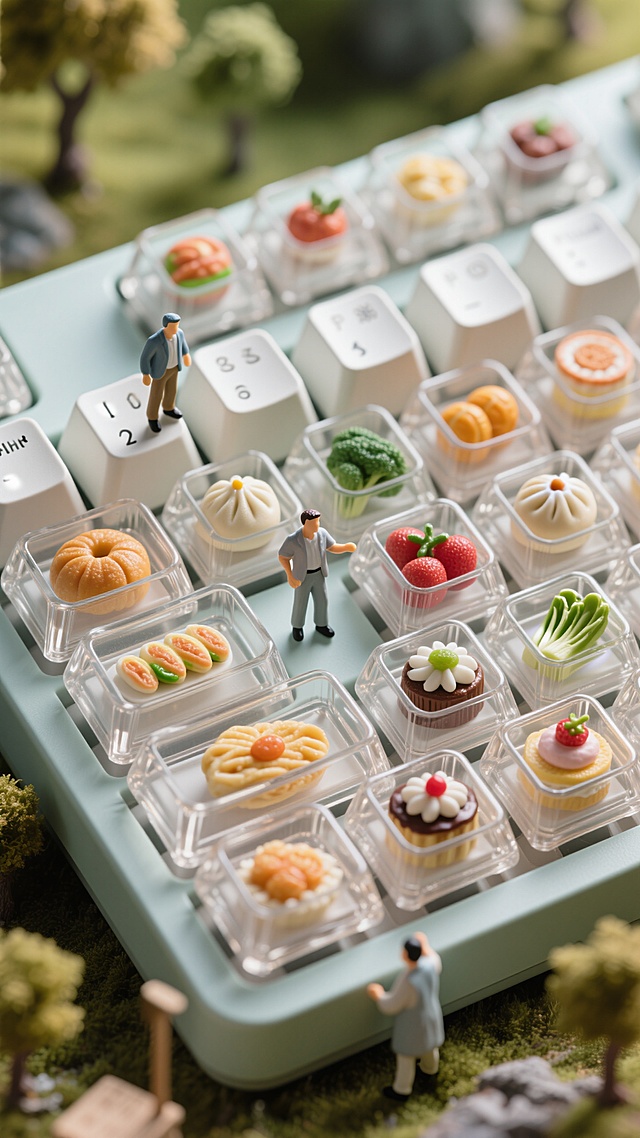 3D微缩艺术风，清新可爱的小人与美食在键盘上趣味互动，营造童话般的场景。
