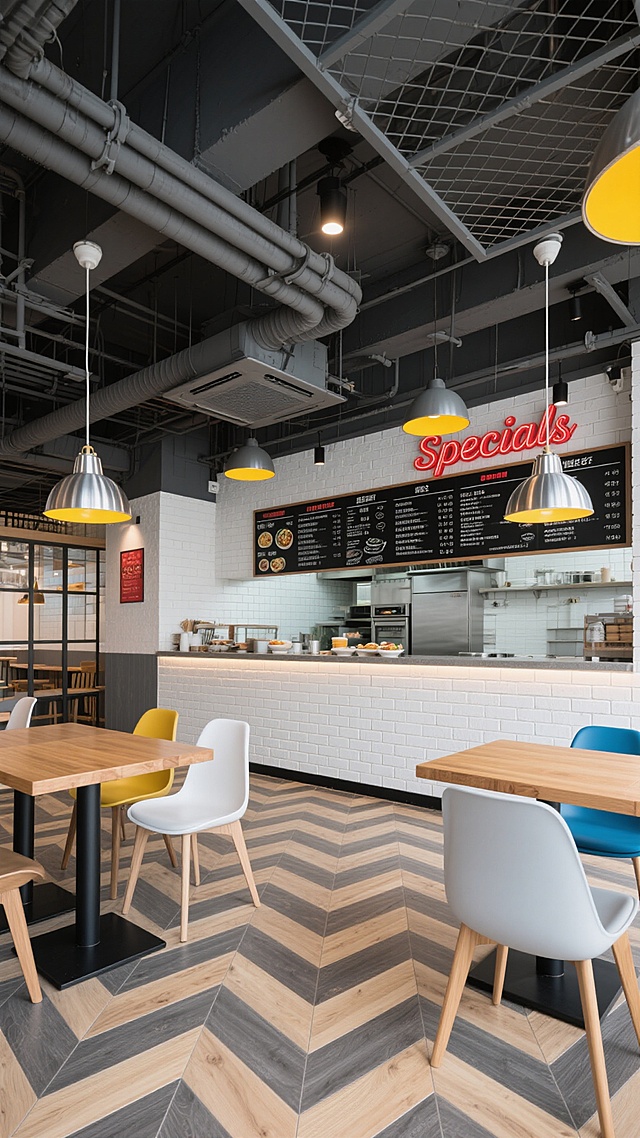 现代工业风餐饮空间，深灰色裸露天花板搭配金属管道与网格装饰，暖黄色吊灯与银色金属灯罩组合提供柔和照明，地面铺设人字形拼接地砖（浅木色与深灰色交错），原木色餐桌搭配灰、白、蓝三色座椅，开放式厨房区域有白色砖墙与红色字体菜单牌，背景墙面挂有黑色 chalkboard 风格的 specials 菜单，整体氛围明亮通透、简约时尚，适合快餐或休闲简餐场景，视觉层次分明，信息传达清晰，符合年轻群体的审美与用餐需求。