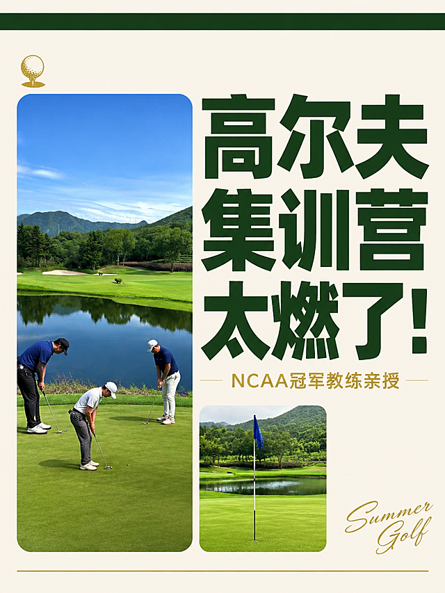 小红书笔记大字封面，配图大字，杂志海报风，与上一版差别要大，版式精美，小红书笔记封面质感，适合信息流点击。主标题必须完整呈现且为画面视觉中心，逐字锁定：「高尔夫集训营太燃了！」。主标题字号占画面约55%视觉权重，清晰可读，不得增删改字。副标题：「NCAA冠军教练亲授」。背景：米白色干净底，顶部一条深绿色横条，底部一条金色细线条，简约高级。配图层：左侧竖放一张【图1】三位球员推杆的长方形照片（无白边，圆角），右侧竖放球洞蓝旗特写小图（圆角），上下错落排列，不是拍立得风格。标题排版：主标题用深墨绿色粗黑体，超大字号，居中偏右，部分字压在图片边缘；副标题用金色小字，放在主标题下方；整体是杂志风左右分栏布局，不是居中大字。装饰：左上角一个小的金色高尔夫球图标，右下角一个手写体「Summer Golf」英文小字装饰，没有emoji，简约高级。整体氛围：高端杂志感、干净有质感、专业运动风。画质：高清细腻，信息层级清晰，主标题与背景强对比，文字完整处于安全区内不可裁切，四周留安全边距。画面比例3:4，4K。图生图：严格使用用户上传图片，【图1】=三位球员推杆图（左侧竖放圆角大图），球洞蓝旗特写（右侧小图），整体版式与上一版完全不同，走杂志分栏简约风。