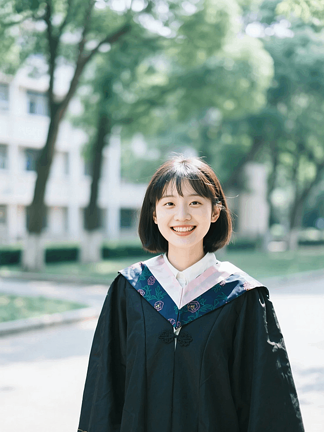 女生，中短发，毕业照，穿着学士服，背景是校园户外环境，笑容灿烂，文艺青春