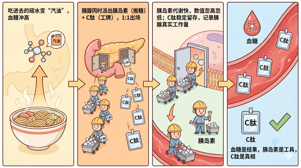 版块三：四格剧情连环画（横向排布）

从左到右4个方框，带箭头连接：

第一格：吃饭→血糖飙升

· 插画：一碗面条+向上箭头
· 配文：吃进去的碳水变“汽油”，血糖冲高

第二格：胰腺派搬运工

·预览效果