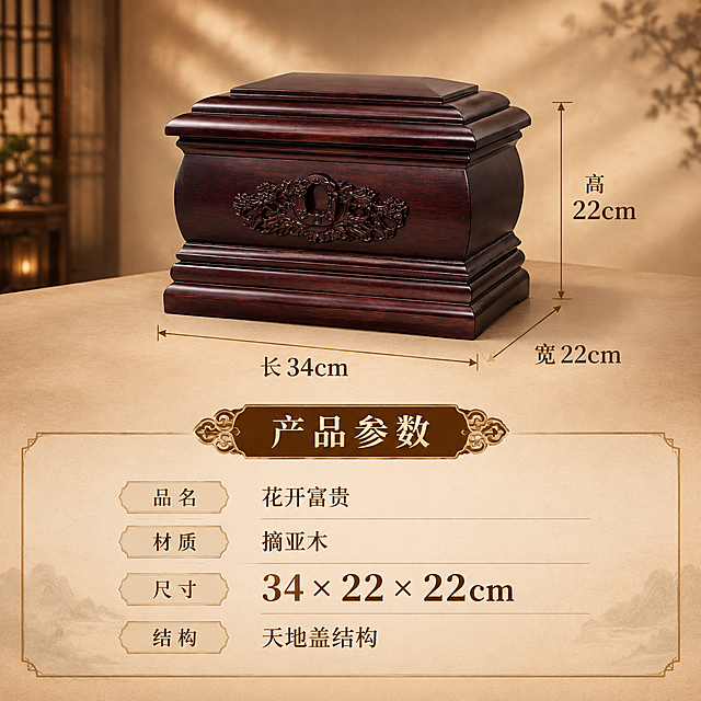 [主图-7] 尺寸参数展示，清晰呈现产品规格。
[统一基调] 中式传统风格，暖棕色调为主，深木色背景搭配暖金色光影，庄重大气。字体采用宋体/衬线体，标题深棕色，辅助文字浅棕色，强调色用暗金色。整体氛围肃穆温暖。
[画面] 产品45°斜视图，产品占画面约55%，居中偏上。产品旁标注尺寸线，显示长34cm 宽22cm 高22cm。下方放置参数信息。背景简洁，用浅棕色渐变背景突出产品与信息。
[光影质感] 均匀柔光照明，产品各面清晰可见，尺寸标注线清晰准确，底部有自然阴影。
[配色] 木材本色，背景浅米色渐变，文字深棕色，尺寸标注线用暗金色。
[文字版式] 下方参数区，顶部小标题"产品参数"，下方列表形式清晰列出：品名-花开富贵、材质-摘亚木、尺寸-34×22×22cm、结构-天地盖结构。尺寸数字加大突出显示。
[输出要求] 800×800像素正方形，产品结构清晰不变形，尺寸标注准确，文字清晰可读，颜色真实。负向：变形、尺寸标注错误、文字模糊、色差。