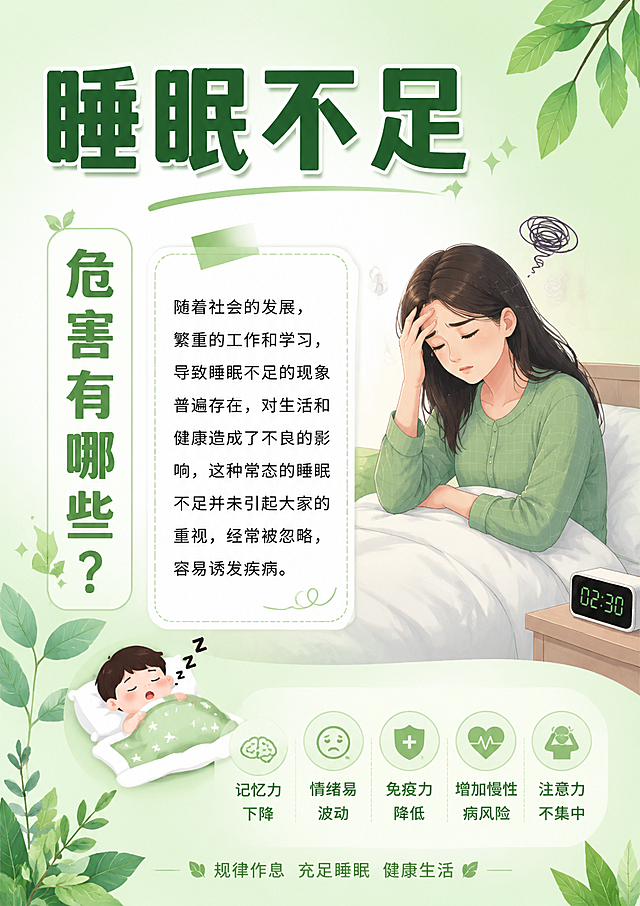 A4尺寸竖版科普海报，主题为"睡眠不足有哪些危害"，清新简约健康科普风格，浅绿色渐变背景，顶部大字主标题"睡眠不足"，副标题竖排文字"危害有哪些？"，正文放置指定文案：随着社会的发展，繁重的工作和学习，导致睡眠不足的现象普遍存在，对生活和健康造成了不良的影响，这种常态的睡眠不足并未引起大家的重视，经常被忽略，容易诱发疾病。搭配苦恼失眠女性插图和可爱卡通睡觉小人，保留自然绿叶装饰，排版和之前参考海报一致，整体清晰干净，适合打印宣传。