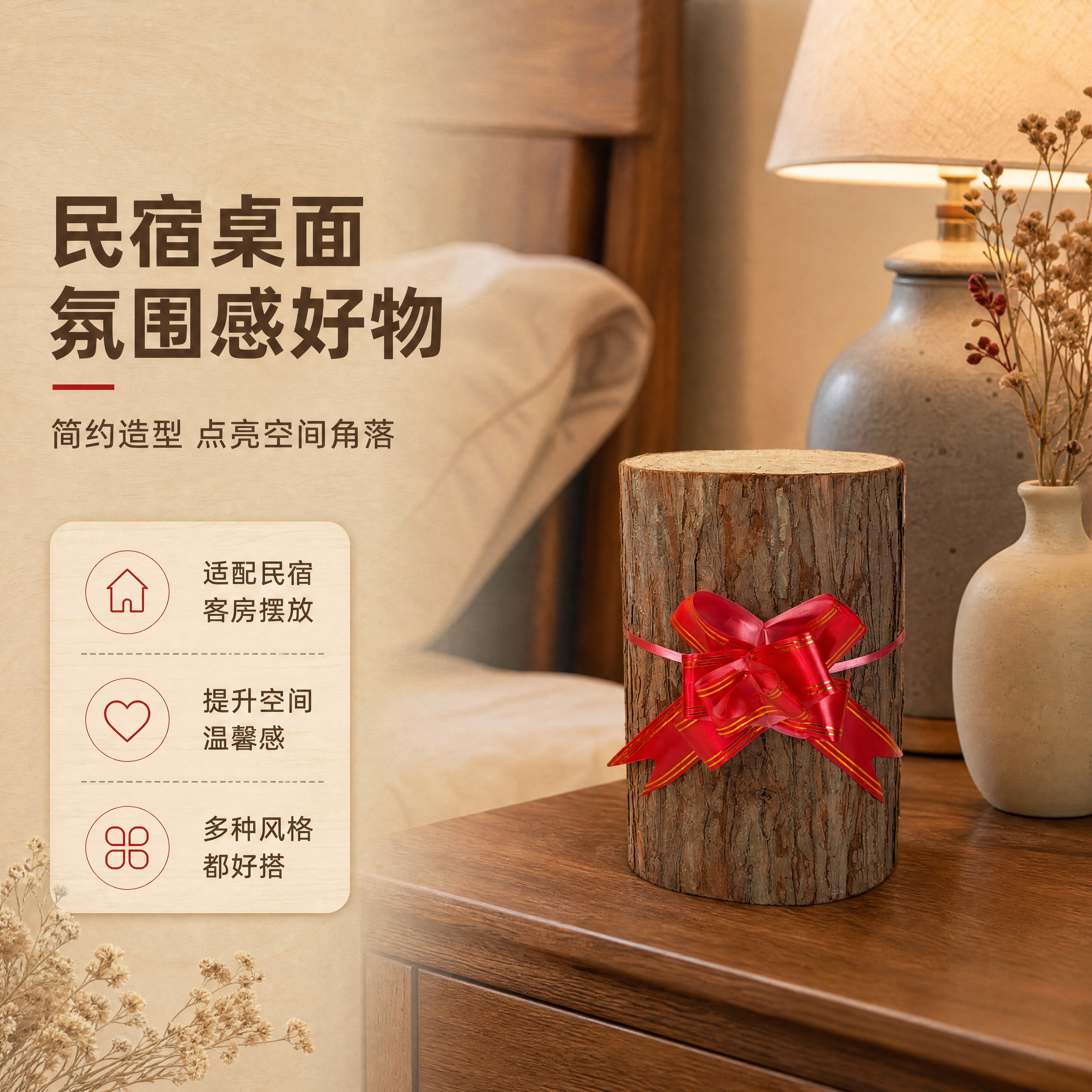[商品] 使用【图1】杉墩木段配红绳花桌面装饰摆件；保留圆柱形… - 图片创意预览