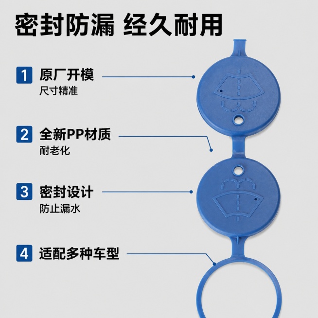 [主图-2] 产品核心卖点展示图
[氛围风格] 专业汽配卖点展示，简洁清晰易读
[画质] 商业摄影质感、光线均匀通透、产品清晰真实、画面干净高级
[元素] 蓝色汽车水箱水壶盖子主体偏右展示，保持产品外预览效果