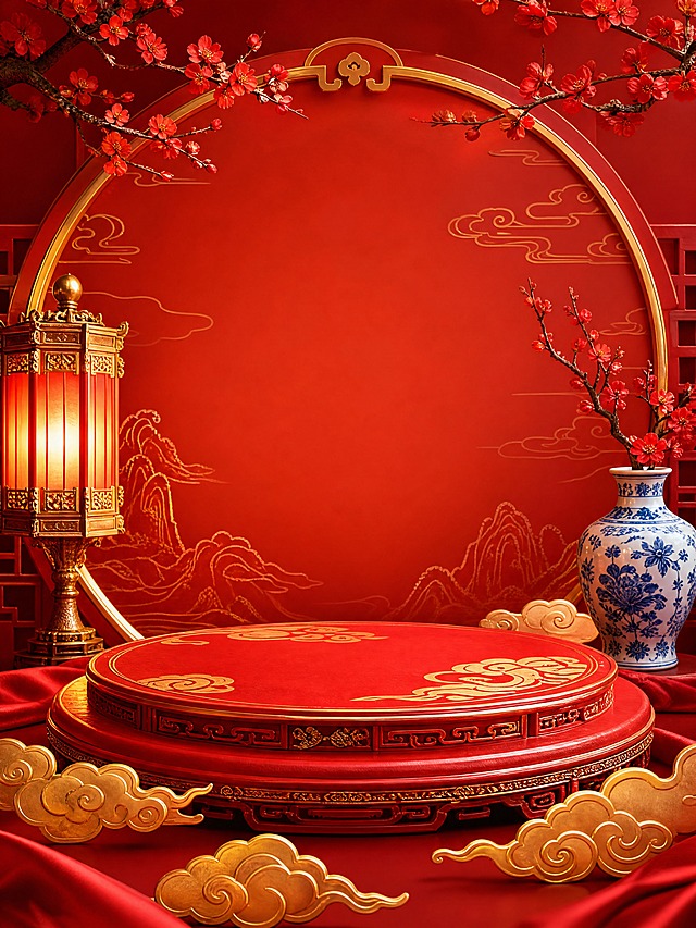 国潮风展示场景，竖版构图。
主体：画面中央位置留出大面积空白展示区，用于放置产品，空白区域占画面 40%，展示台古典大气。
构图：居中构图，正面平视，空白展示区位于画面正中央，对称式构图。
风格：国潮风。
场景概念：新中式国潮风格展示台，红金配色，祥云纹样，传统与现代结合的国潮美学，竖版电商主图规格。
承载与空间：①承载面：画面中部，深红色中式展示台，哑光漆面，正红色，台面有金色祥云纹样装饰，边缘有中式雕花；②背景：画面上部，深红色渐变背景，从深红到浅红，红色，背景上有金色祥云图案和山水线条装饰。
陪衬物：①画面左侧，一个金色中式灯笼，传统造型，金色框架+红色灯面，红色+金色，点亮着暖黄光；②画面右侧，一个青花瓷瓶，白底蓝花，经典青花瓷纹样，白色+蓝色，里面插着一枝梅花；③画面底部，几朵金色祥云装饰，漂浮在展示台周围；④画面上方，几枝红色梅花枝条从上方伸入，红色花朵，增添意境。
配色：主色 55% 正红 / 辅色 25% 金色 / 点缀色 20% 青花蓝+白色+梅花红；画面实际颜色 5 种：正红 / 金色 / 青花蓝 / 纯白 / 梅花红。
材质：大漆木 / 金箔 / 青花瓷 / 丝绸 / 梅花 / 灯笼纸；画面实际材质 6 种：大漆实木 / 金箔纹样 / 青花瓷 / 丝绸缎面 / 真梅花枝 / 宣纸灯笼。
光影：主光从正前方 45° 柔光照射，整体明亮喜庆；辅光为灯笼暖光和环境金色反光；整体红金配色，华丽大气，国潮韵味十足。
参数：4K 写实光追，medium 质量。严格锁定宽高比为 3:4。