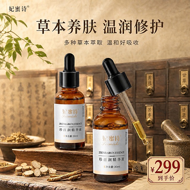 在画面右下角添加醒目的价格信息，价格数字"299"要大而醒目，前面加人民币符号"¥"，下方加小字"到手价"。价格标签用与整体中药风格协调的设计，可搭配古朴的印章风格边框或卷轴样式，颜色用深棕或朱红色，与整体暖棕中药风格统一。保持产品、背景、原有文字完全不变，只在右下角空白区域添加价格元素，不遮挡产品主体。