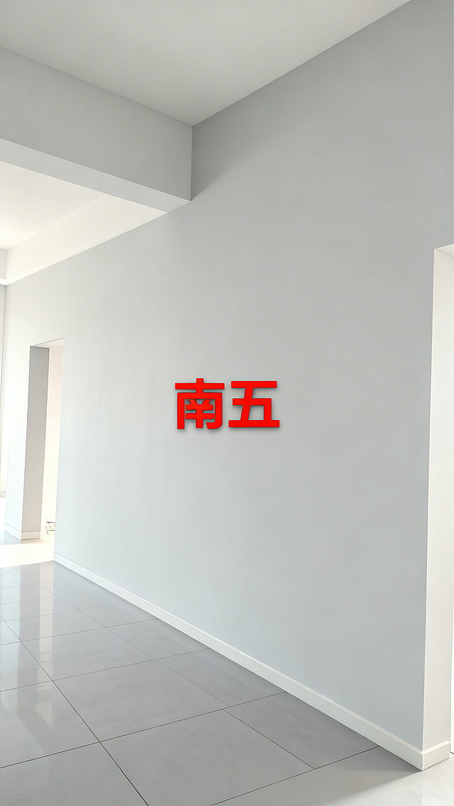 根据这张毛坯房墙角图片，生成现代简约风格装修完成后的效果图，墙面刷成干净的浅灰色乳胶漆，地面铺好平整的浅灰色瓷砖，整体明亮干净，保留原房间的结构和南五文字标识