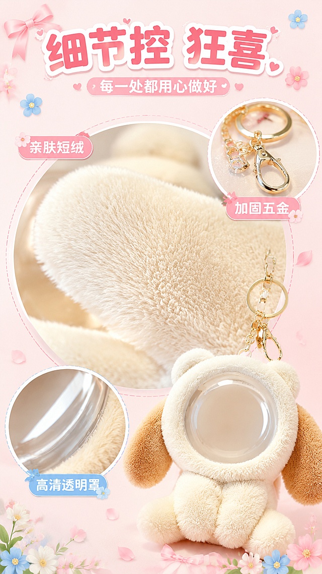 [第4屏] 详情页细节质感-毛绒面料与五金配件微距特写。本屏使用【图1】米白款作为细节展示主体。
[氛围/风格] 精致可爱风，马卡龙色系，高级微距质感，商业摄影质感。
[元素布局] 画面采用圆形放大镜构图：中央大圆形是毛绒面料微距特写，展示细腻蓬松的短毛绒纤维，能看到一根根绒毛细丝和柔和光泽；右上角小圆是金色钥匙扣五金微距，展示龙虾扣结构和金属光泽；左下角小圆是透明罩边缘微距，展示亚克力材质通透感；背景是淡粉色，周围点缀小花朵、蝴蝶结装饰；产品颜色、结构与输入图一致。
[光影质感] 侧光突出毛绒立体质感，五金件有清晰高光反射，透明罩有折射光，阴影柔和，整体通透干净。
[配色色系] 全局底色 #FFE4EC；主色奶白+浅棕+金色；辅助色淡粉、淡蓝小花点缀。
[视角构图] 圆形放大镜组合构图，中央大圆形为主视觉，阅读动线从中央→右上→左下。
[文字版式] 顶部主标题「细节控 狂喜」，副标题「每一处都用心做好」；每个圆形旁配彩色标签「亲肤短绒」「加固五金」「高清透明罩」；圆润字体带描边，圆角标签，可爱排版；文字不遮挡细节主体。
[比例分辨率] 9:16 竖版比例，4K 分辨率，文字清晰可辨，高清画质。
[负向提示词] 材质失真，颜色偏差，水印，文字错乱，细节模糊，毛绒结块。