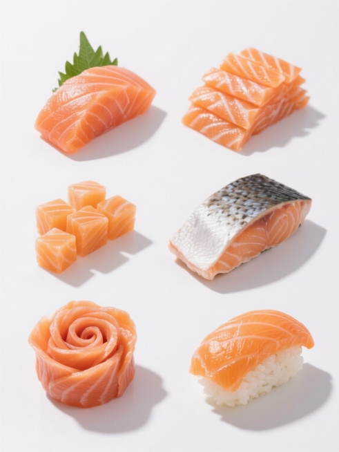 一组6个完全不同造型的三文鱼元素系列素材集合，规整排布在纯白色背景上。保持高分辨率摄影风格，真实的三文鱼肉质纹理、橙红色泽和细腻光泽。6种造型分别为：1. 厚切三文鱼刺身片，带绿色装饰叶；2. 薄切三文鱼条，整齐叠放；3. 三文鱼丁，立方体小块；4. 三文鱼鱼排，带皮大块；5. 三文鱼玫瑰花卷，切片卷成花朵状；6. 三文鱼寿司，铺在米饭上的片状。所有元素光线明亮，阴影自然，色彩鲜艳，构图清晰，……预览效果