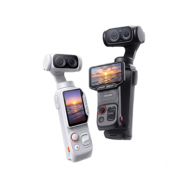 保持图片中的Insta360全景相机设备主体和整体构图不变，仅更换两个设备屏幕中的画面，替换为海边日落风景场景，保持设备原有的颜色和细节不变