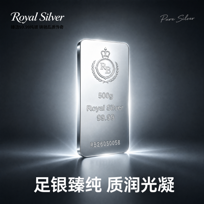 [主图] 500g足银银条电商主图。
[氛围风格] 专业高端品质感，极简精致风格；
[画质] 商业摄影质感、光线柔和通透、产品清晰真实、画面干净高级。
[元素] 500g足银银条居中立体斜立展示，保持预览效果