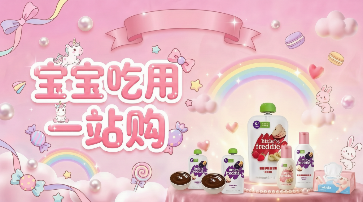 在现有图片基础上添加婴儿洗护用品元素，保持现有的宝宝辅食元素和整体粉色可爱卡通风格不变，同时保证宽度不超过2048px预览效果