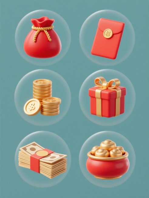 3D渲染的喜庆风格图标集，包含六个规整排布的元素：饱满的红色福袋系着金色绳结、传统红包、堆叠的金币、带蝴蝶结的礼盒、整齐的一沓钞票和聚宝盆，所有元素采用光滑的塑料质感，主色调为红色和金色，搭配简约现代的造型，统一的圆形高光和柔和阴影，纯色背景，无文字、无logo、无水印，整体呈现出喜庆欢乐的氛围。预览效果